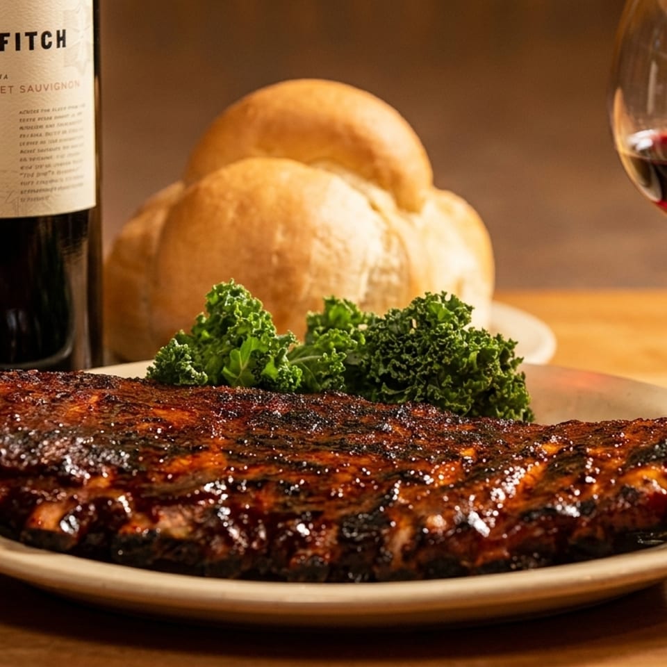 A rack of BBQ ribs with kale, bread rolls, a bottle of red wine, and a glass of wine.