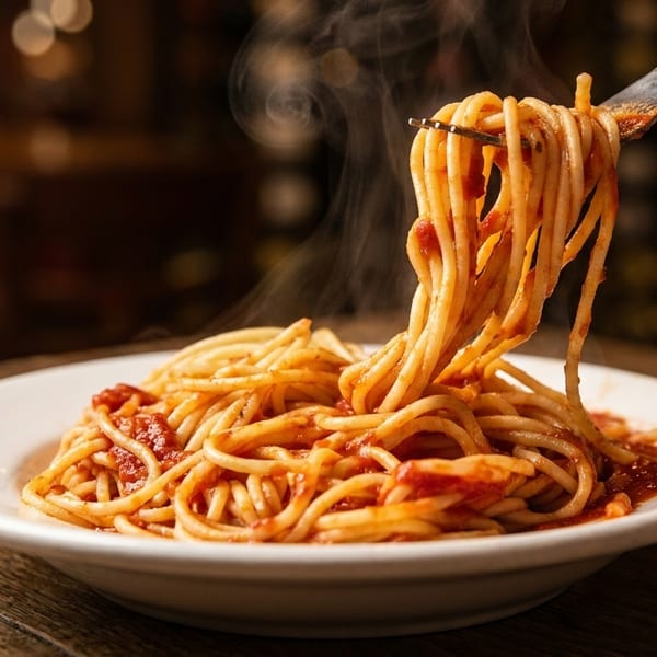 Steaming hot spaghetti with red sauce being twirled onto a fork from a white plate.