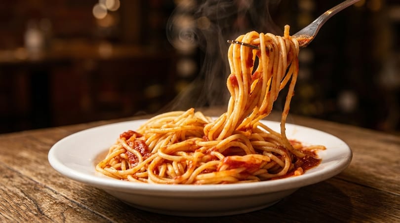 Steaming hot spaghetti with red sauce being twirled onto a fork from a white plate.