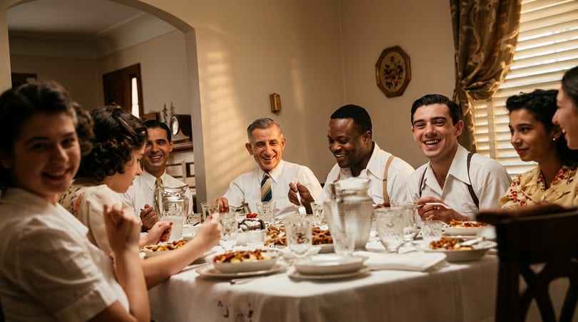 Diverse group of people laughing and eating together at a dinner table in a warm, inviting home.